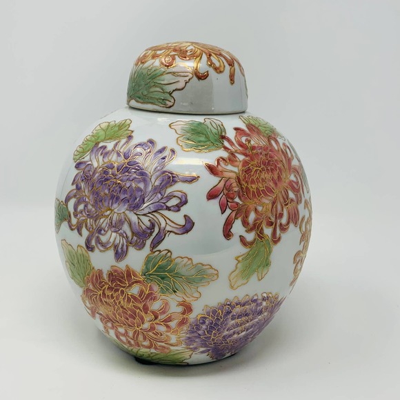 Vintage Hand Painted Lidded Chinese Ginger Jar Urn Floral Design 9" - Picture 1 of 9
